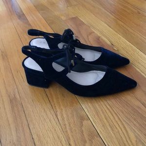 Zara Navy Velvet Block Heels With Front Tie